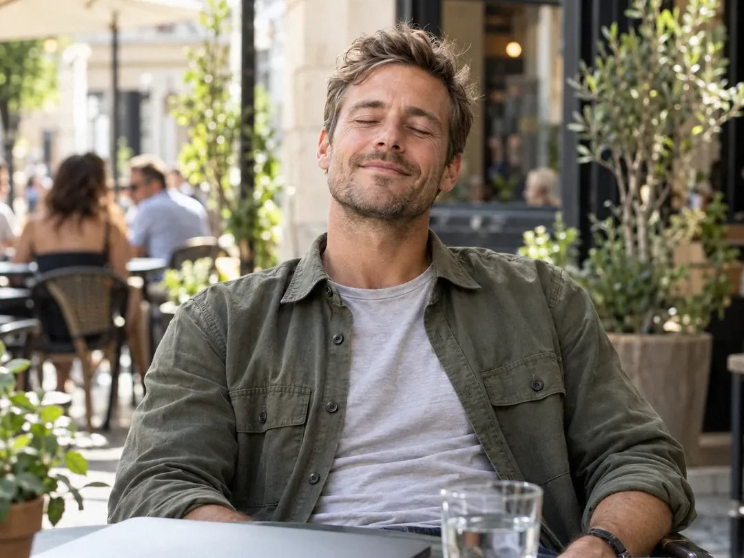 Jason St., leaning back at a cafe table with a closed laptop, eyes closed in a slow relieved exhale (illustrative)
