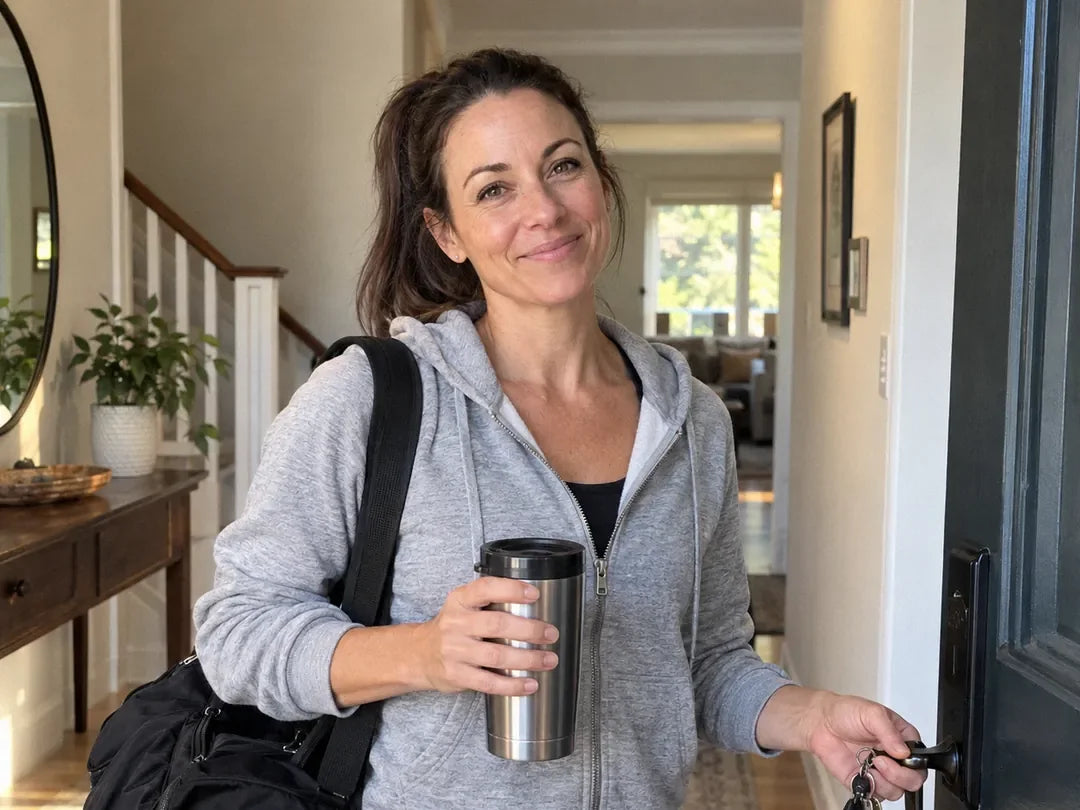 Renee P., at her front door with keys and a travel mug, cheerful (illustrative)