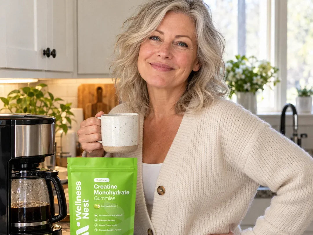 Colleen D., standing beside the coffee maker with a hand on her hip, the pouch on the counter (illustrative)