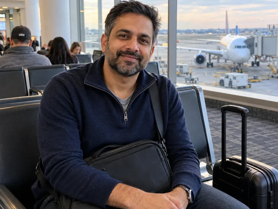 Ben S., seated at an airport gate with his laptop bag and carry-on, a plane behind him (illustrative)