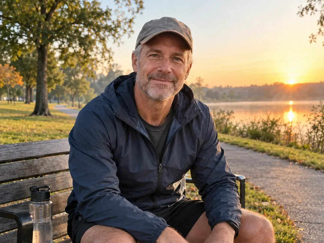 Greg H., sitting on a park bench after his morning walk (illustrative)