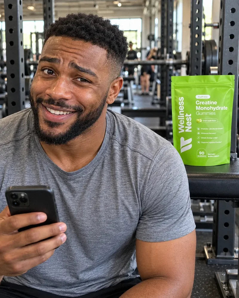 Derek M., 29, laughing sheepishly at his phone in front of a squat rack, the pouch on the bench behind him (illustrative)