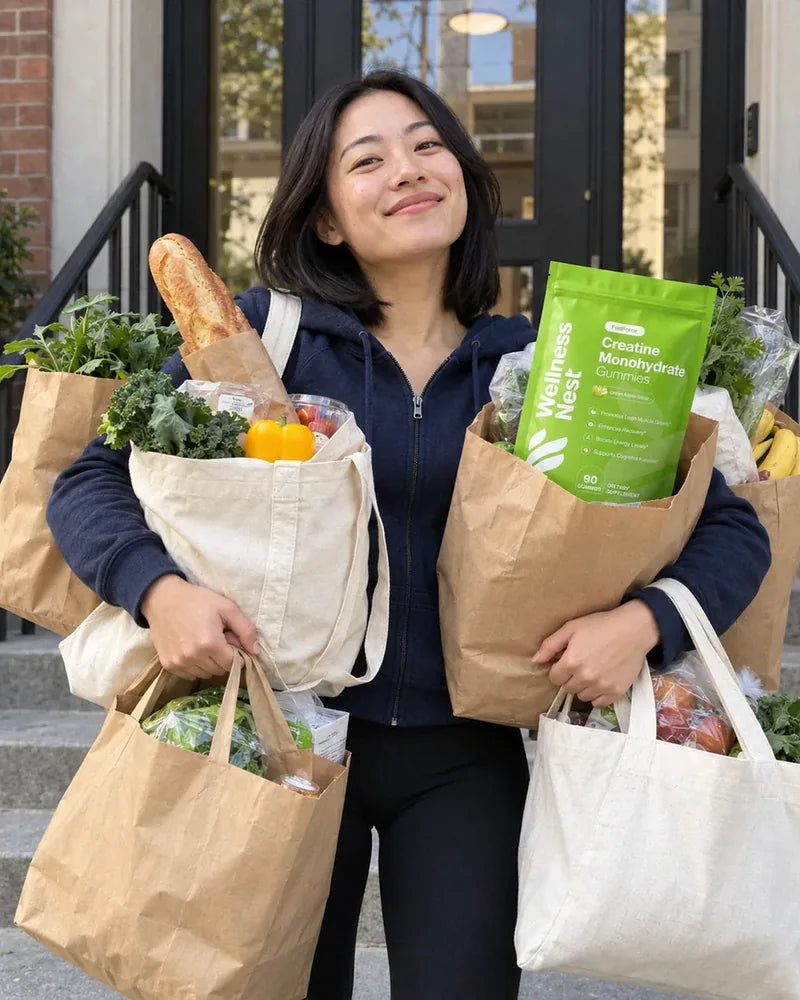 Emma L., 29, carrying four grocery bags up her apartment steps, grinning, the pouch poking out of one bag (illustrative)