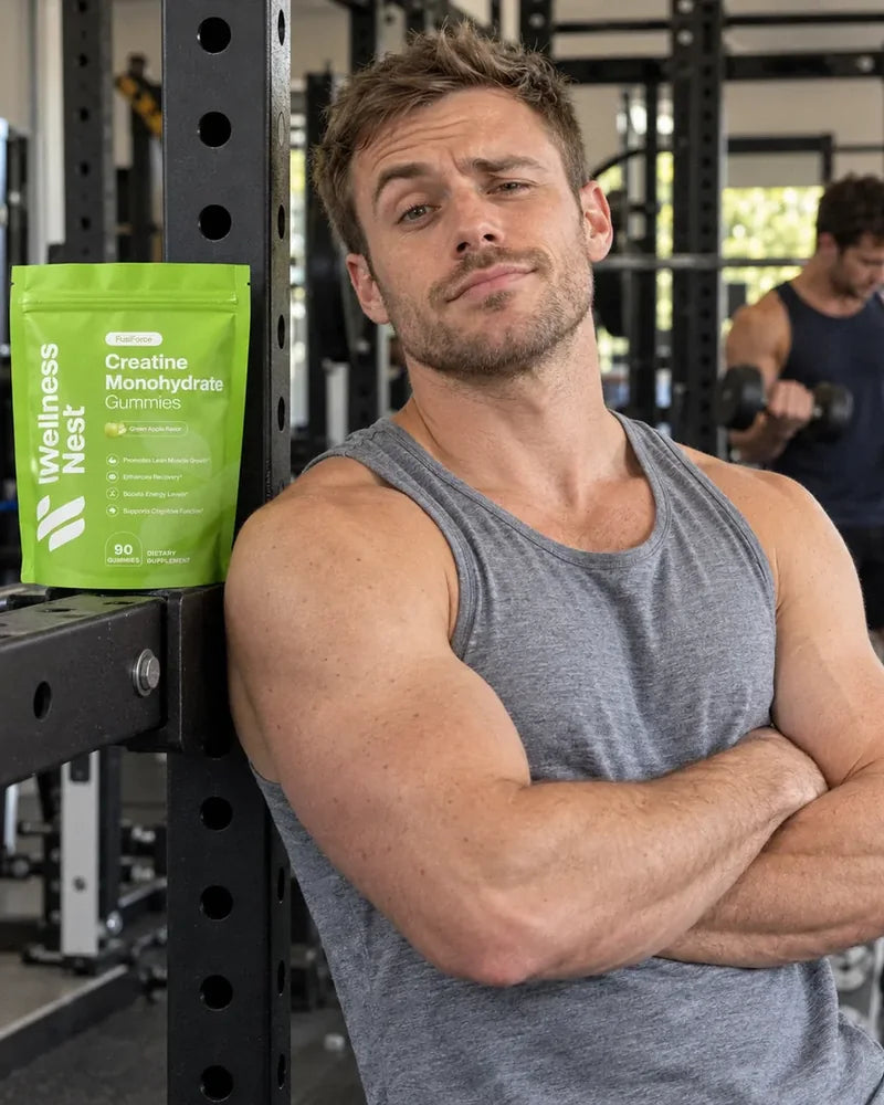 Chris P., 33, leaning on a squat rack with his arms crossed and a deadpan look, the pouch on the safety bar (illustrative)