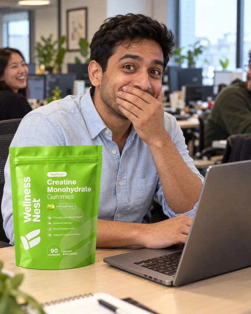 Tyler B., 28, at his office desk with a hand over his mouth in a guilty grin, the pouch beside his laptop (illustrative)