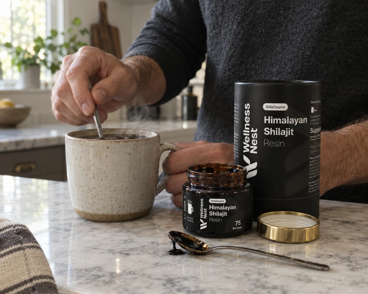 Hands stirring a pea-sized piece of resin into a mug, with the ShilaSource jar and spoon on marble