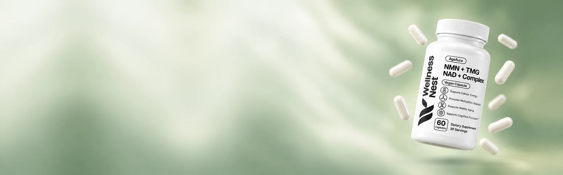Studio render of the AgeAura NMN + TMG bottle on a soft gradient