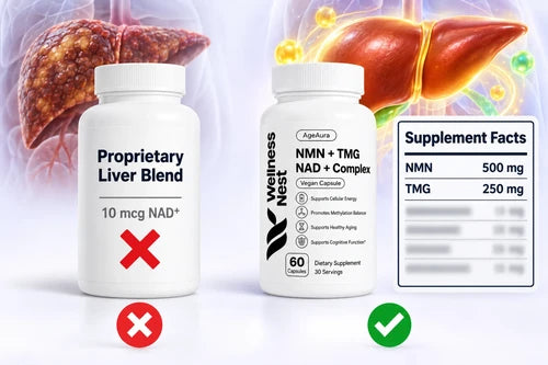 Side-by-side label comparison showing generic "Proprietary Liver Blend / 10 mcg NAD⁺" versus AgeAura's fully disclosed 500 mg