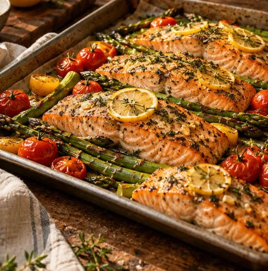 Sheet pan of herb salmon with asparagus, tomatoes and lemon