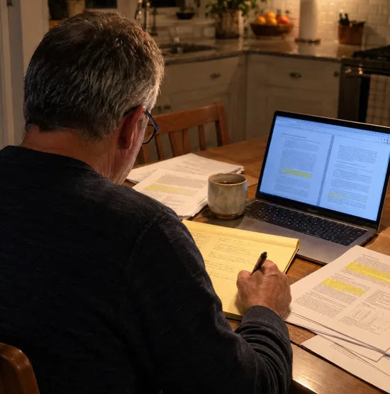 Man reading his lab papers at the kitchen table