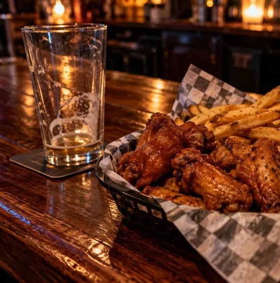 Basket of crispy pub wings and fries on a bar counter