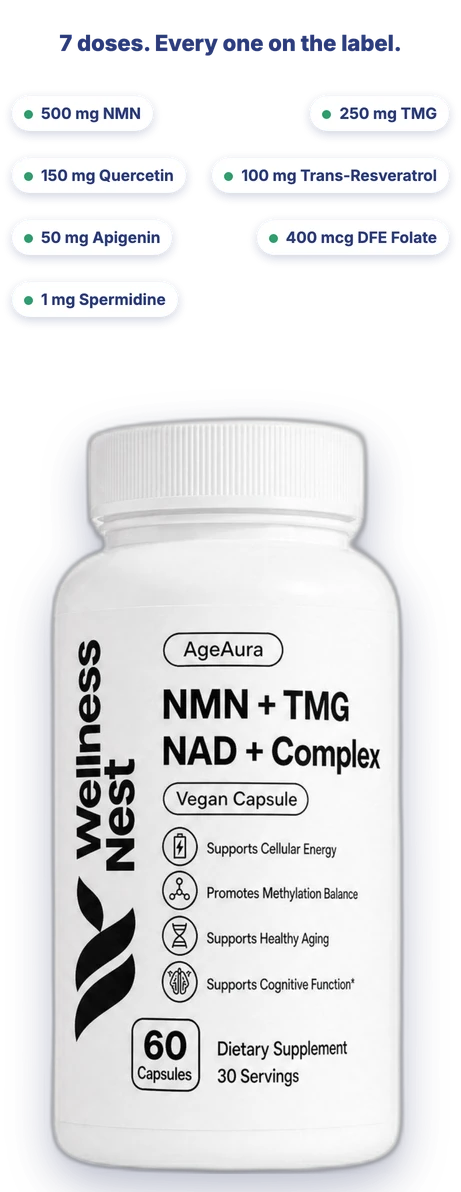 Desktop studio hero shot of AgeAura NMN + TMG bottle surrounded by clean visual callouts of its 7 transparent doses