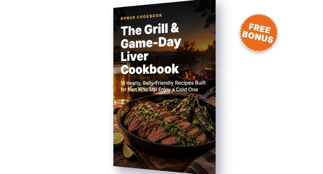 Desktop 3D cover mockup of "The Grill & Game-Day Liver Cookbook: 18 Hearty, Belly-Friendly Recipes Built for Men Who Still En