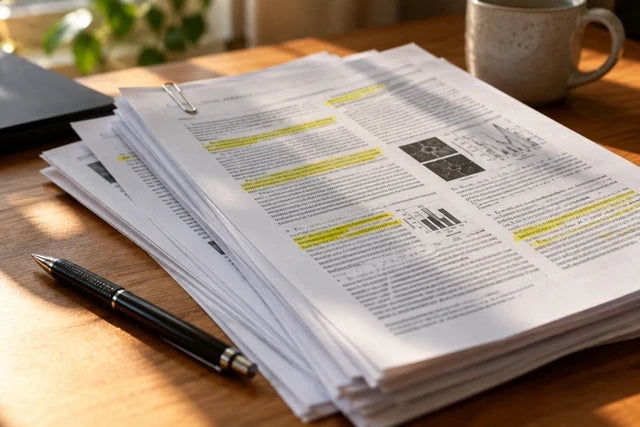 Stack of printed peer-reviewed journals (Current Pharmaceutical Biotechnology 2025, NPJ Aging 2022, Diabetes 2013) with key f
