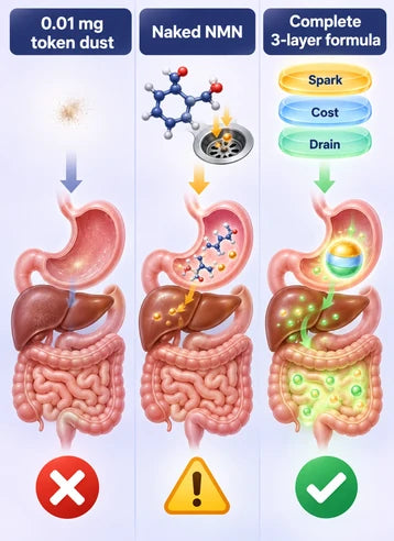 Three-column spec comparison diagram showing 0.01 mg token dust vs naked NMN methylation sink vs complete 3-layer Spark + Cos