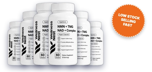 Six-bottle pyramid display of AgeAura NMN + TMG NAD⁺ Complex with a "Low Stock — Selling Fast" callout badge