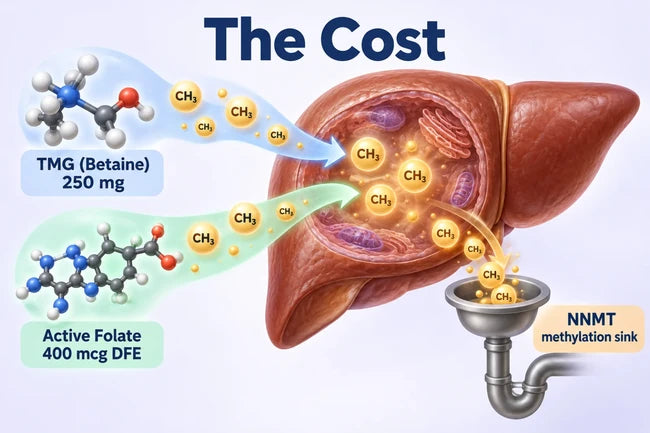 Desktop diagram of THE COST layer: TMG (Betaine 250 mg) + Active Folate (400 mcg DFE) replenishing methyl groups spent by the