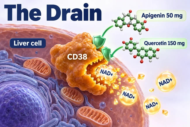 Desktop diagram of THE DRAIN layer: Apigenin (50 mg) and Quercetin (150 mg) blocking the CD38 enzyme from chewing through NAD