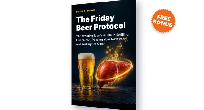 Desktop 3D hardcover mockup of "The Friday Beer Protocol: The Working Man's Guide to Refilling Liver NAD⁺, Passing Your Next 