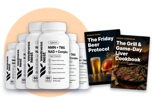 Six-bottle bundle of AgeAura NMN + TMG (180-Day Supply) with research ebook art (delivery not verified) displayed