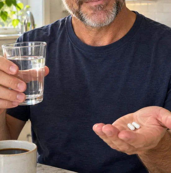 Man holding two capsules and a glass of water at the breakfast table
