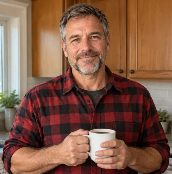 Man with a mug of coffee in his kitchen