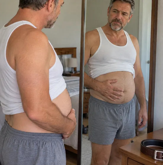 Man checking his waistline in the bedroom mirror