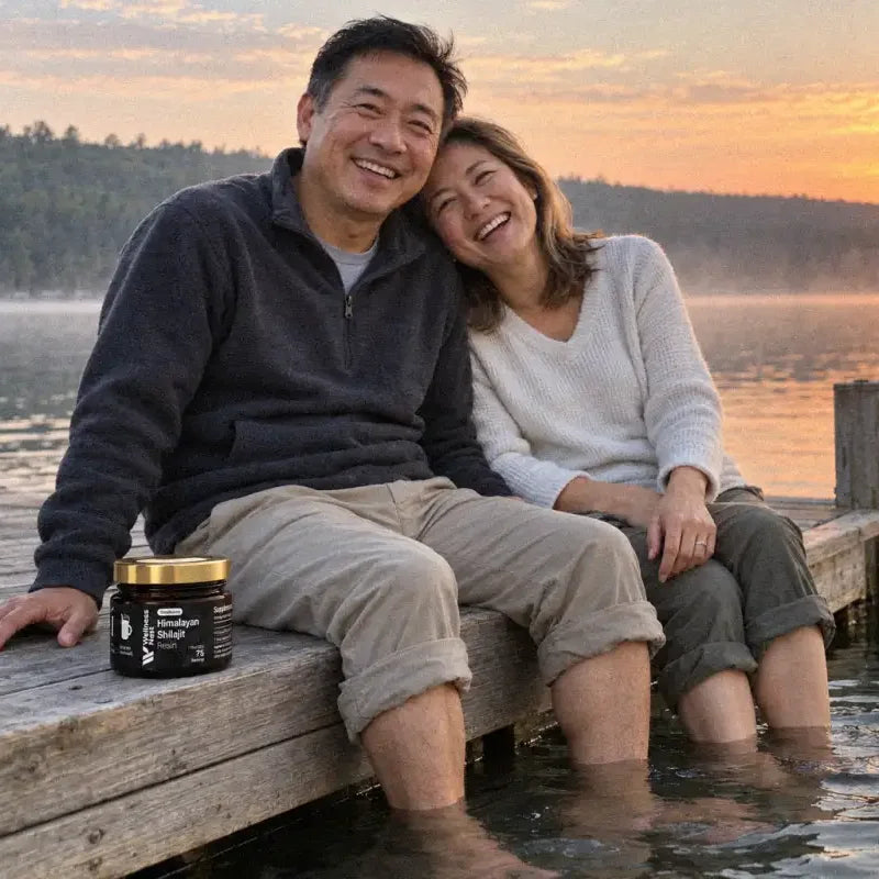 A couple sit at the end of a lakeside dock at sunrise with their feet in the water, her head on his shoulder, laughing together