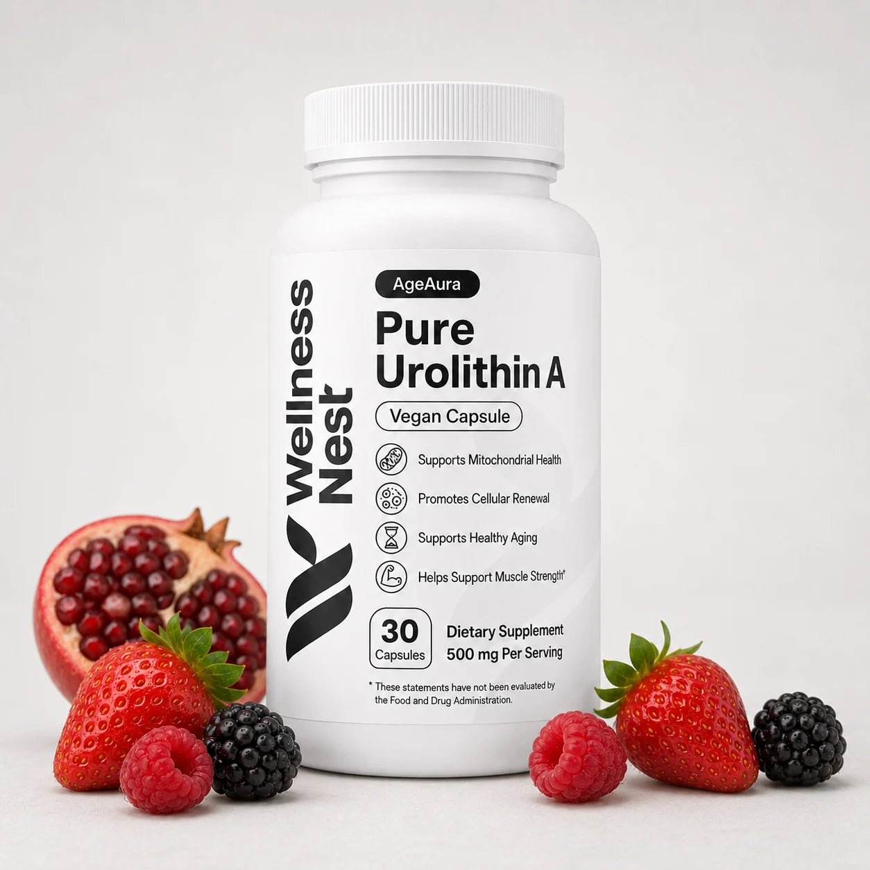 AgeAura Pure Urolithin A bottle with berries and pomegranate