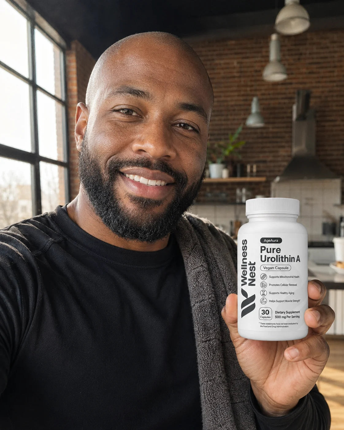 Man holding AgeAura Pure Urolithin A in kitchen