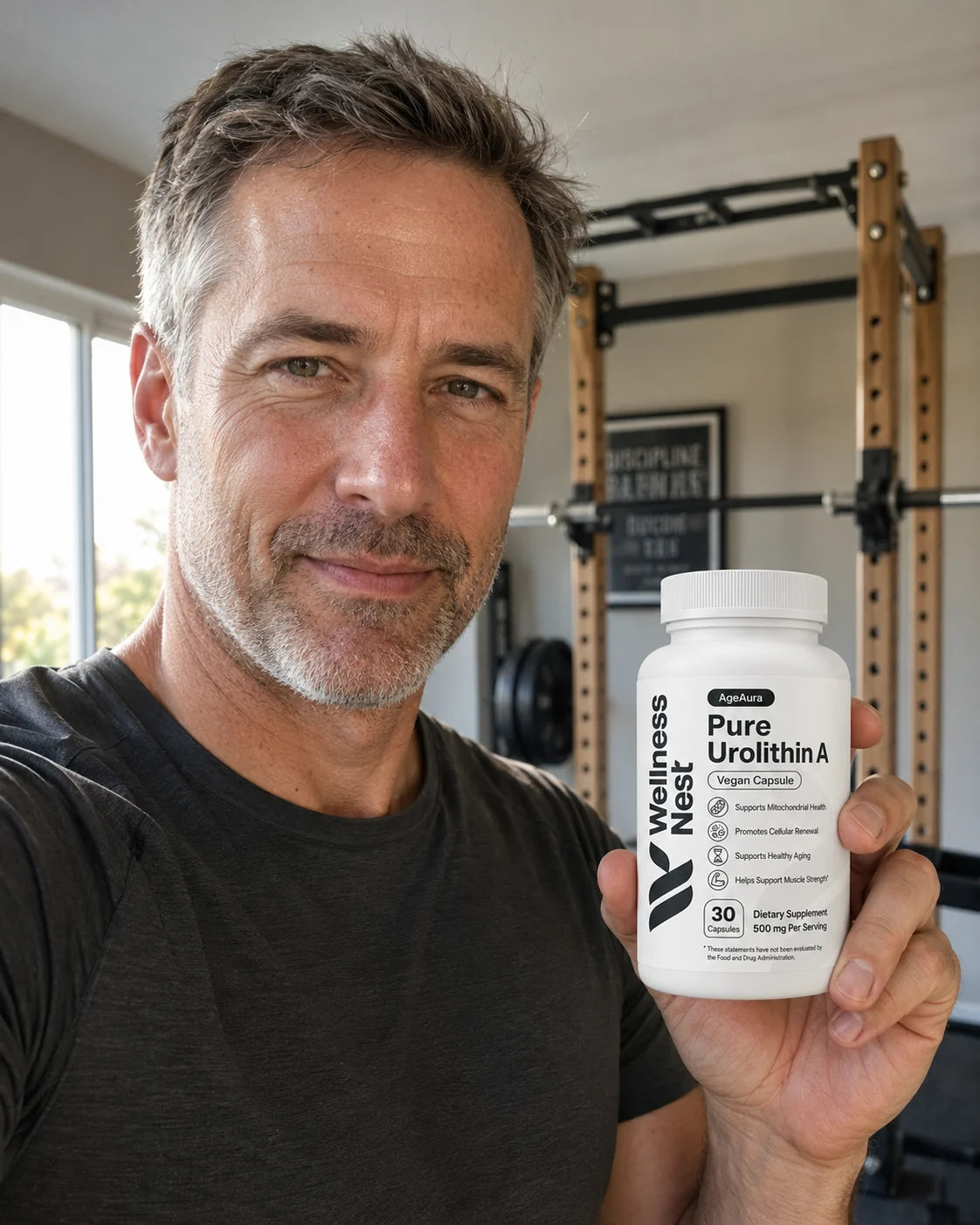 Man in home gym holding AgeAura Pure Urolithin A