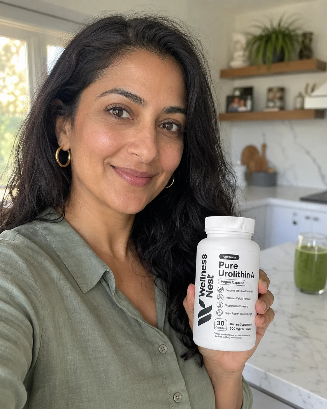 Woman holding AgeAura Pure Urolithin A in kitchen